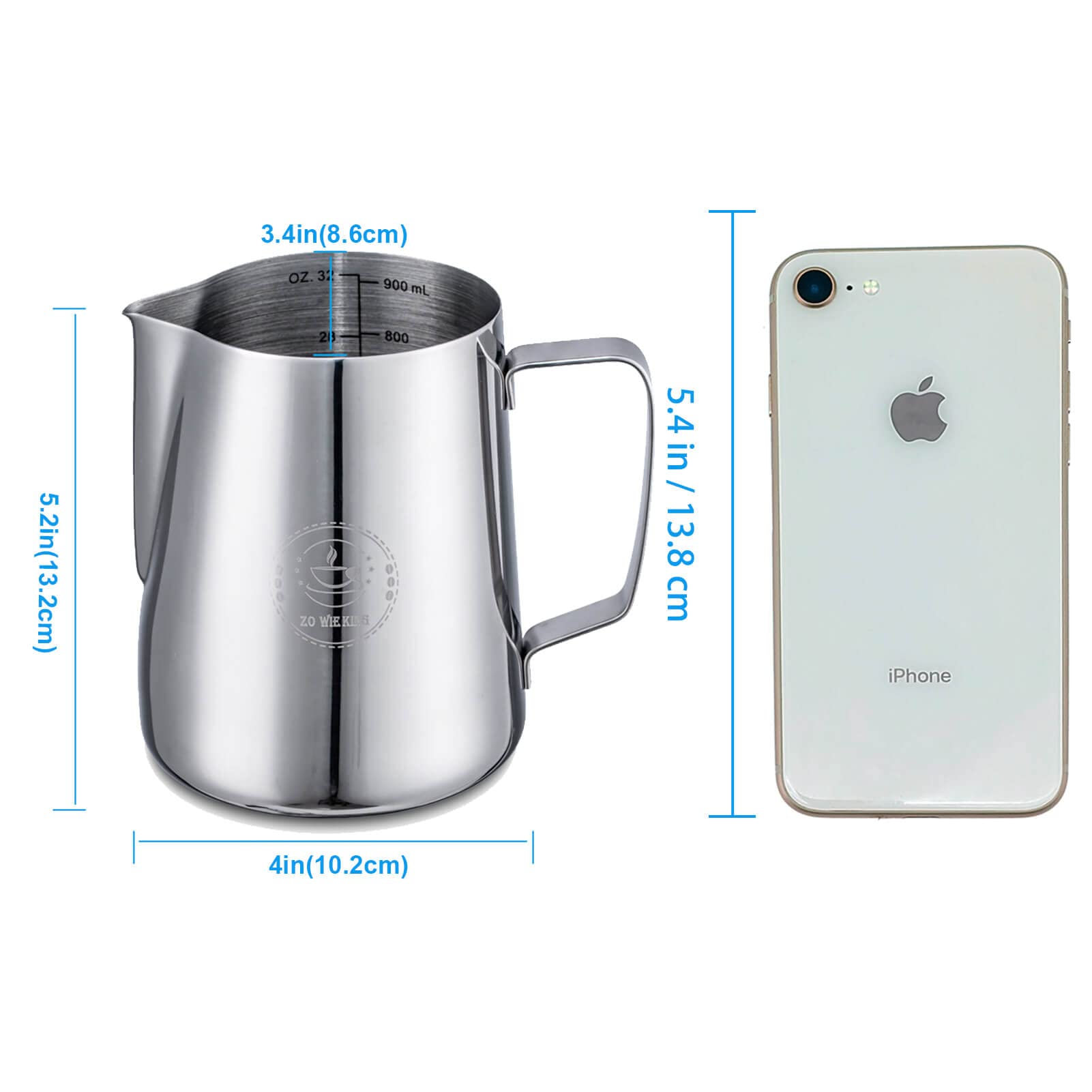 Milk Frothing Pitcher 32oz,Espresso Steaming Pitchers 900ml,Espresso Machine Accessories,Milk Frother Cup 32 Oz,Coffee Cappuccino Latte Art,Stainless Steel Jug