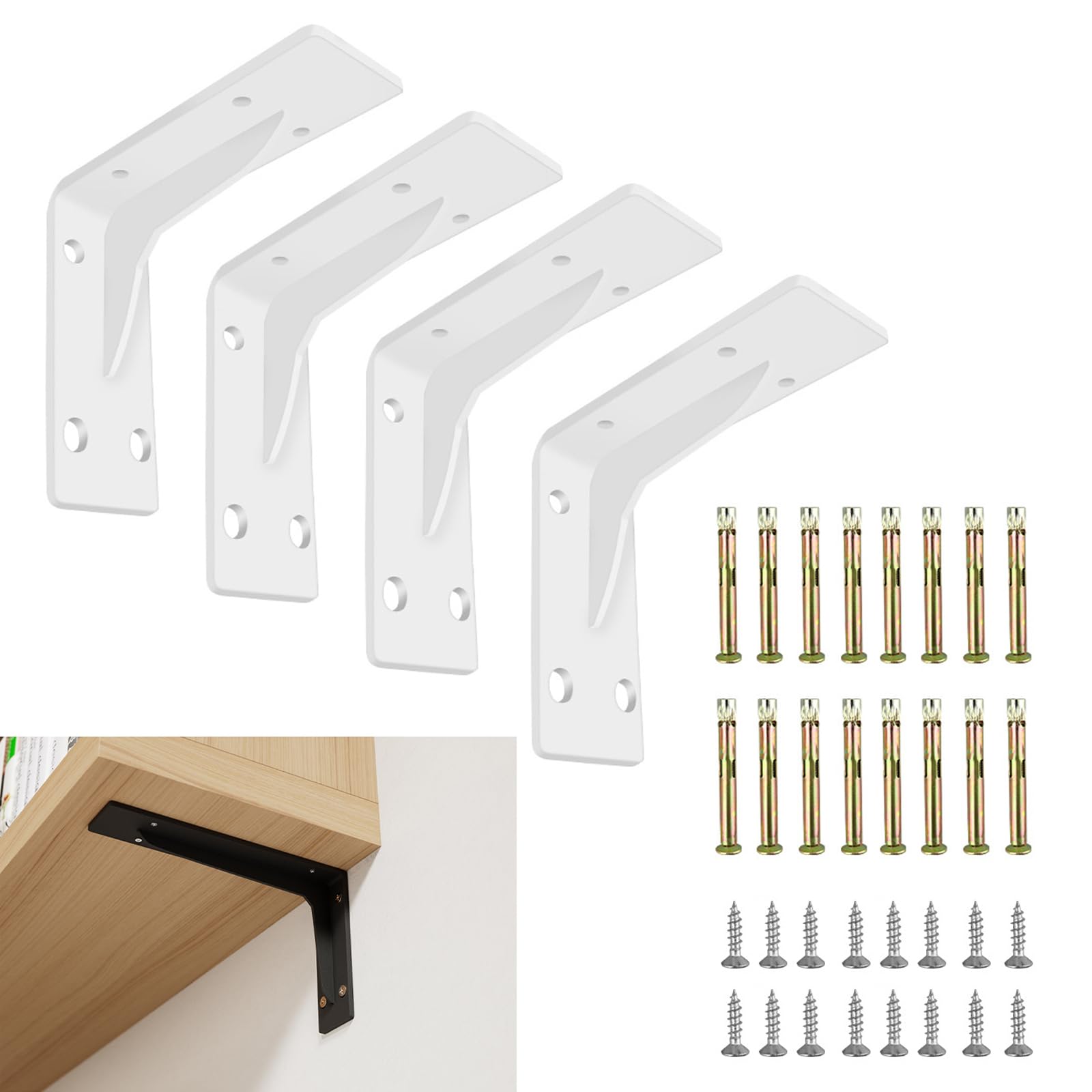 Catekro 4 Pack Heavy Duty Shelf Brackets, 6 inch Heavy Duty Metal L Bracket for Shelf, Equipped with Screws and Wall Plugs (White)
