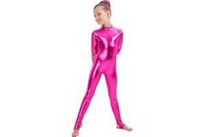 Kepblom Girls Shiny Metallic Mock Neck Unitard Long Sleeve Zipper Back One Piece Bodysuit Costume