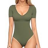 MANGOPOP Women's Long Sleeve Short Sleeve Bodysuit Sexy V Neck Body Suits Fitted Fall Going Out Tops