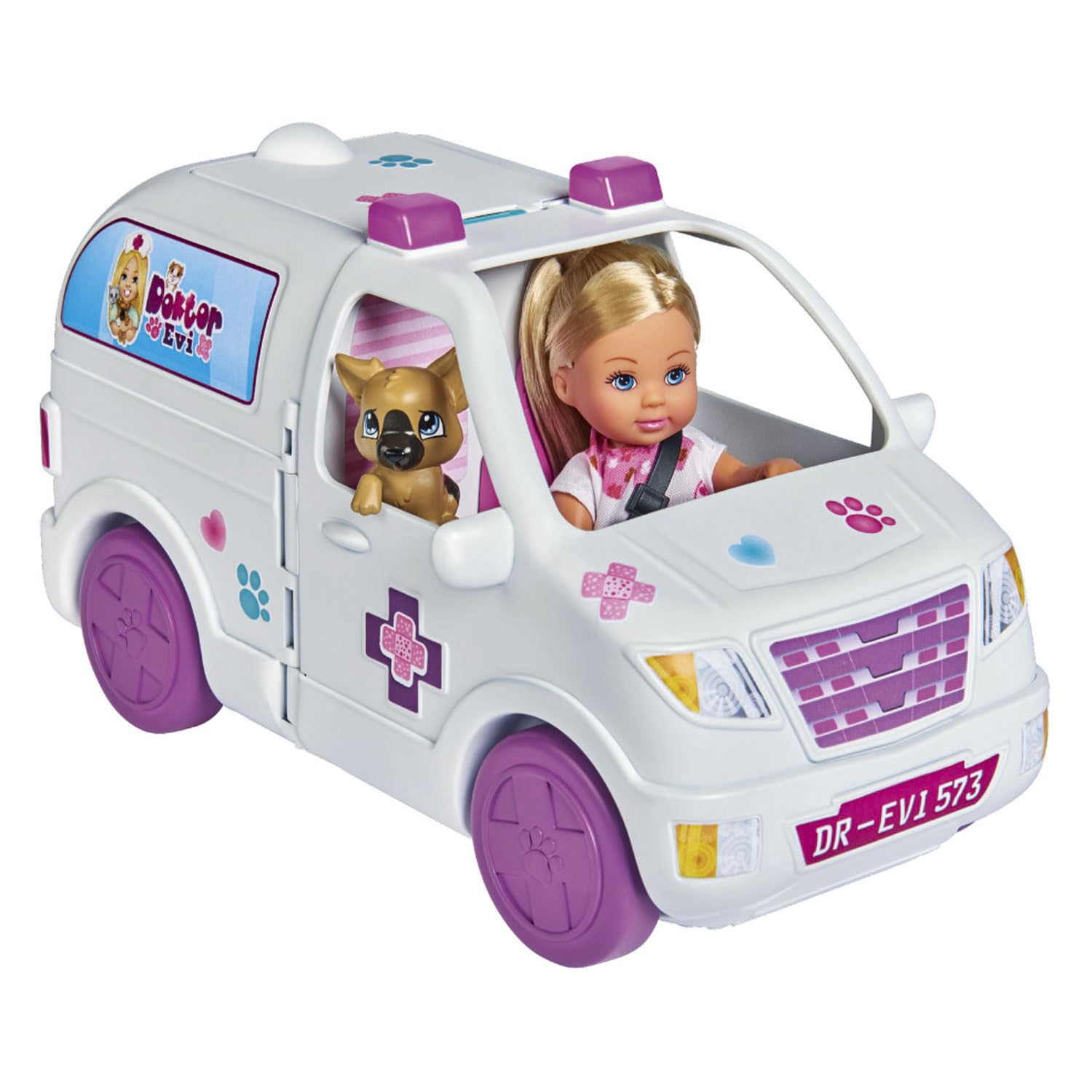 Simba 2-in-1 Animal Mobile - Evi as Veterinarian, Hinged Car, Clinic, Dog, Cat, Accessories, Dressing Doll, 12 cm, Ages 3+