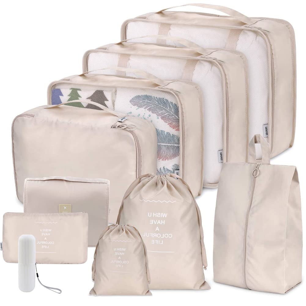 Packing Cubes for Suitcase, Toifucos 10pcs/Set Travel Packing Cubes Travel Luggage Packing Organizers Waterproof Travel Compression Suitcase Bag Travel Essential Bag (Beige)