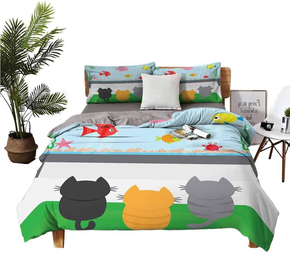 Bedding Duvet Cover Set Cat,Cats Sitting on a Carpet and Looking at Cheerful Fish Tank Cat Family of Three Content,Multicolor Decorative 3 Piece Bedding Set with 2 Pillow Shams/King