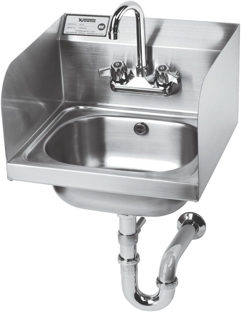 KrowneHS-5 Hand Sink, Wall Mount, 15-3/4"W x 15-1/4"D x 13-3/8"H OA, 7-3/4"H backsplash, 12-1/2" Wide x 9-3/4" Front-to-Back x 5-5/8" deep Bowl, 4" OC Splash Mount Faucet, 4-1/2" Double Bend Faucet