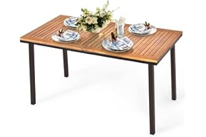 Tangkula Patio Acacia Dining Table, Outdoor Rectangle Dining Table with Acacia Wood Desktop, Steel Frame and Umbrella Hole, Perfect for Outdoor Entertaining, Deck, Backyard, Pool Side