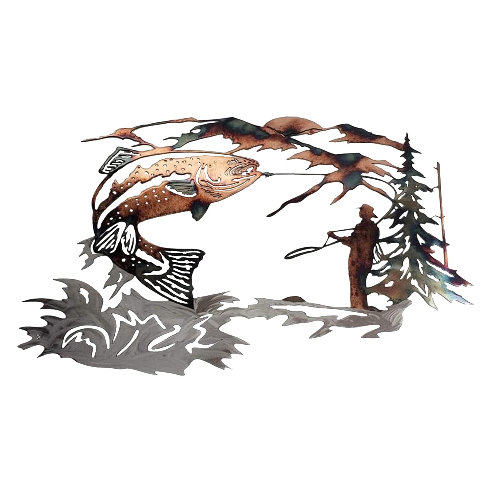 CREATCABIN Metal Wall Art Garden Fish Wall Hanging Decoration Animal Fishing Mountains Trees Rivers Human Crafts Art Ornament Silhouettes Home For Indoor Outdoor Garden Fence Decor 12 x 8inch
