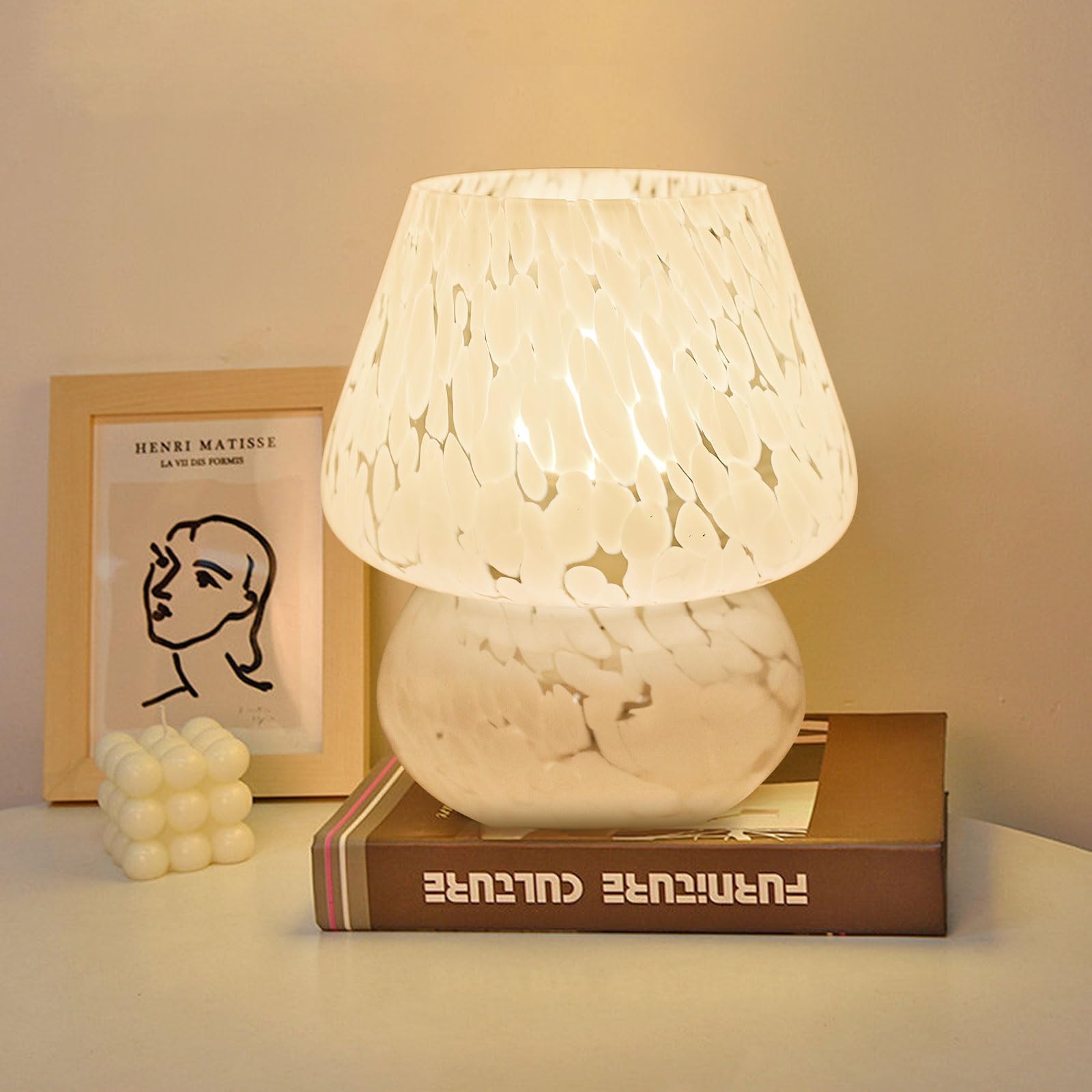 MLOQI Mushroom Table Lamp Aesthetic Glass Room Decor, Cute Night Light (White B) — image 1
