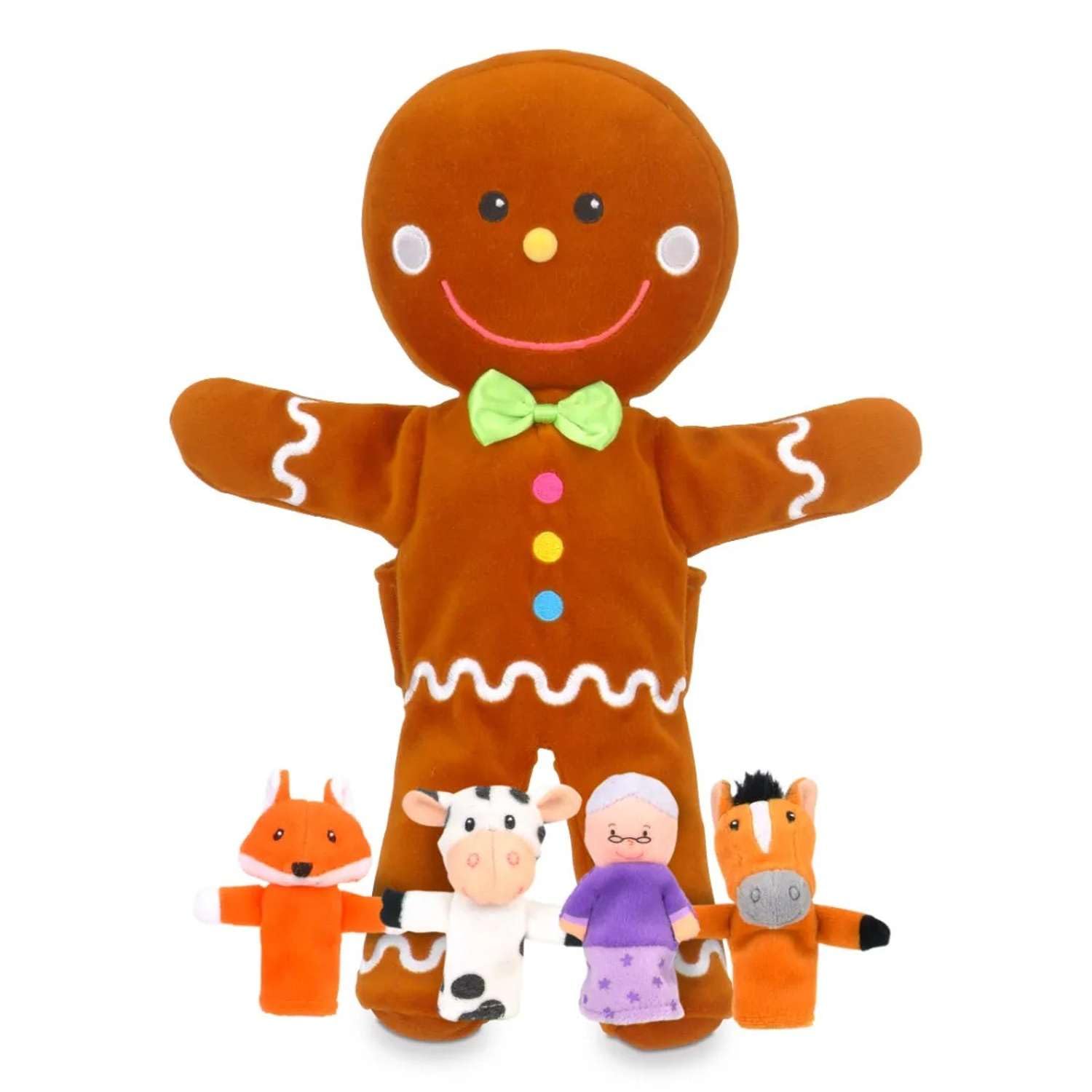 Hand & Finger Puppets - Gingerbread Man Puppet & 4 Unique Finger Puppets - Soft, Cuddly, & Embroidered Role Play Toys for Ages 2-9 to Enhance Imagination & Communication Skills by Fiesta Crafts