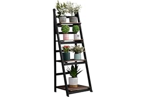 Babion Ladder Shelf, 4-Tier Ladder Shelf, Small Ladder Bookshelf, Wood Plant Stand with Storage Rack Shelves for Living Room, Office, Bathroom, Wood Frame, Brown+Black