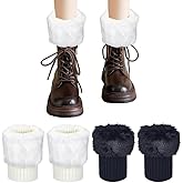 AHANDMAKER 2 Pair Women Fur Trim Boot Cuff Top Cover Leg Warmers Furry Fuzzy Knitted Boot Socks Faux Fur Wrist Cuffs for Women Party Costumes Gift for Christmas Winter (Black+White)