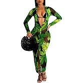 PuiLean Women's Sexy Summer Sheer Mesh Dresses Button Down Long Sleeve See Through Swimwear Maxi Dress
