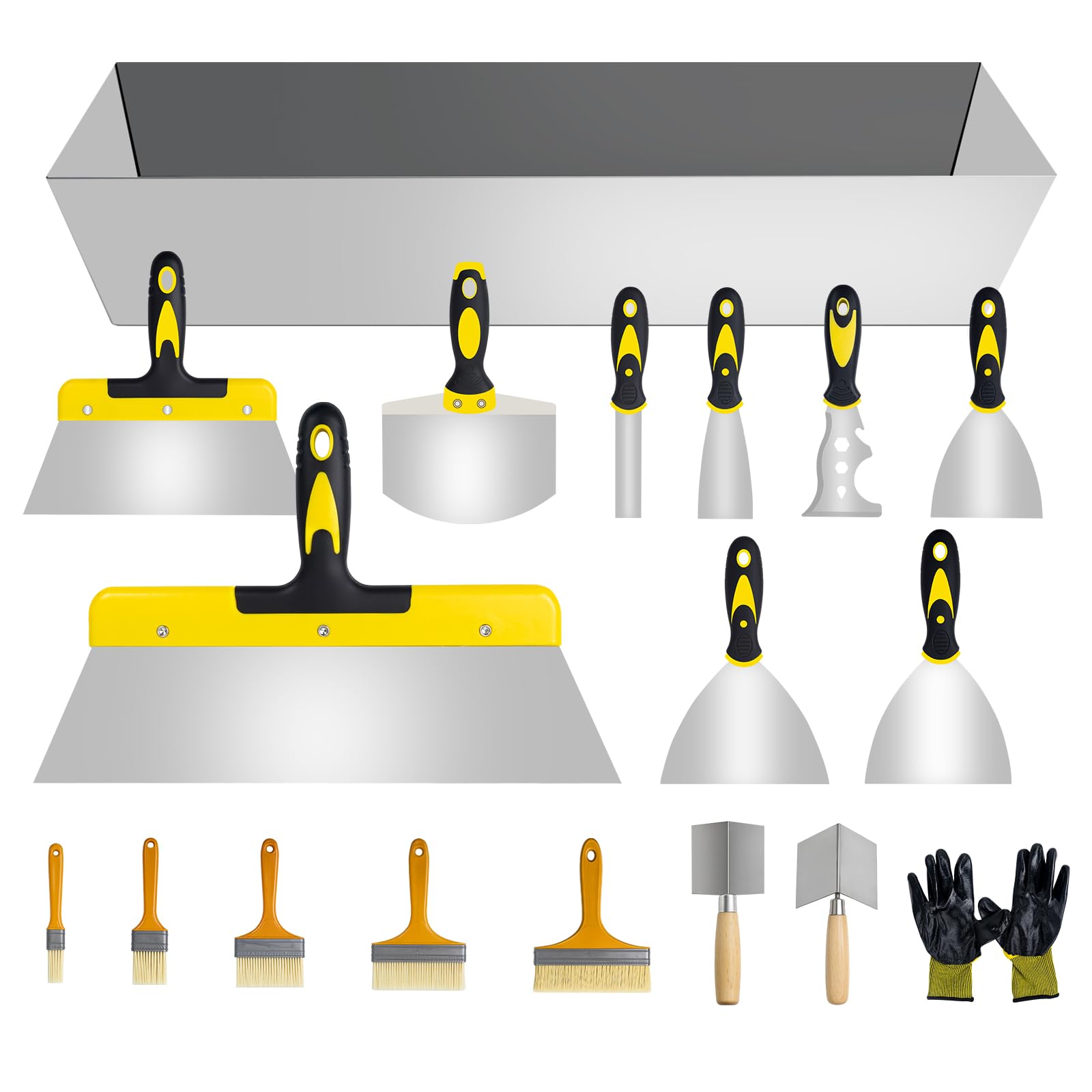 Photo 1 of 18 pcs Putty Knife Set,Drywall Knife,Espatulas Drywall Kit With Mud Pan,1” 2” 3” 4” 5” 6” Spackle Knife,7” 10” 14” Taping Knives,External Corner Trowel & Internal Corner Trowel,5 Brushes And Gloves