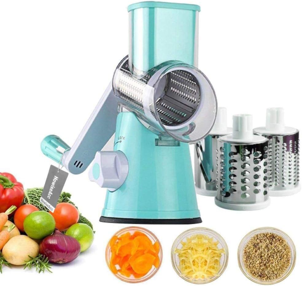 Vegetable Slicer,Multi-Function Vegetable Fruit Cutter Rotary Round Drum Cheese Grater With 3 Stainless Steel Rotary Blades,Blue