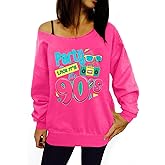MNLYBABY 80s Outfit Women 80s 90s Theme Party Disco Shirt Off The Shoulder Sweatshirt Vintage 80s Neon I Love The 80's Top