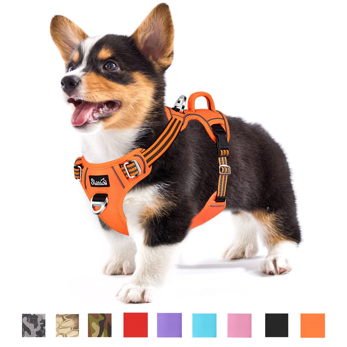 Photo 1 of SlowTon No Pull Dog Harness, Heavy Duty No Choke Pet Harness with 2 Leash Clips and Easy Control Vertical Handle, Adjustable Soft Padded Dog Vest for Small, Medium and Large Dogs (Orange, Small)