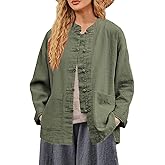 IXIMO Women's Linen Shirt Jakctes Vintage Cotton Long Sleeve Blouses Chinese Style Tunic Tops