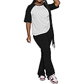 PINSV 2 Piece Sets for Women Summer Short Sleeve Top and Flare Pants Casual Lounge Sets