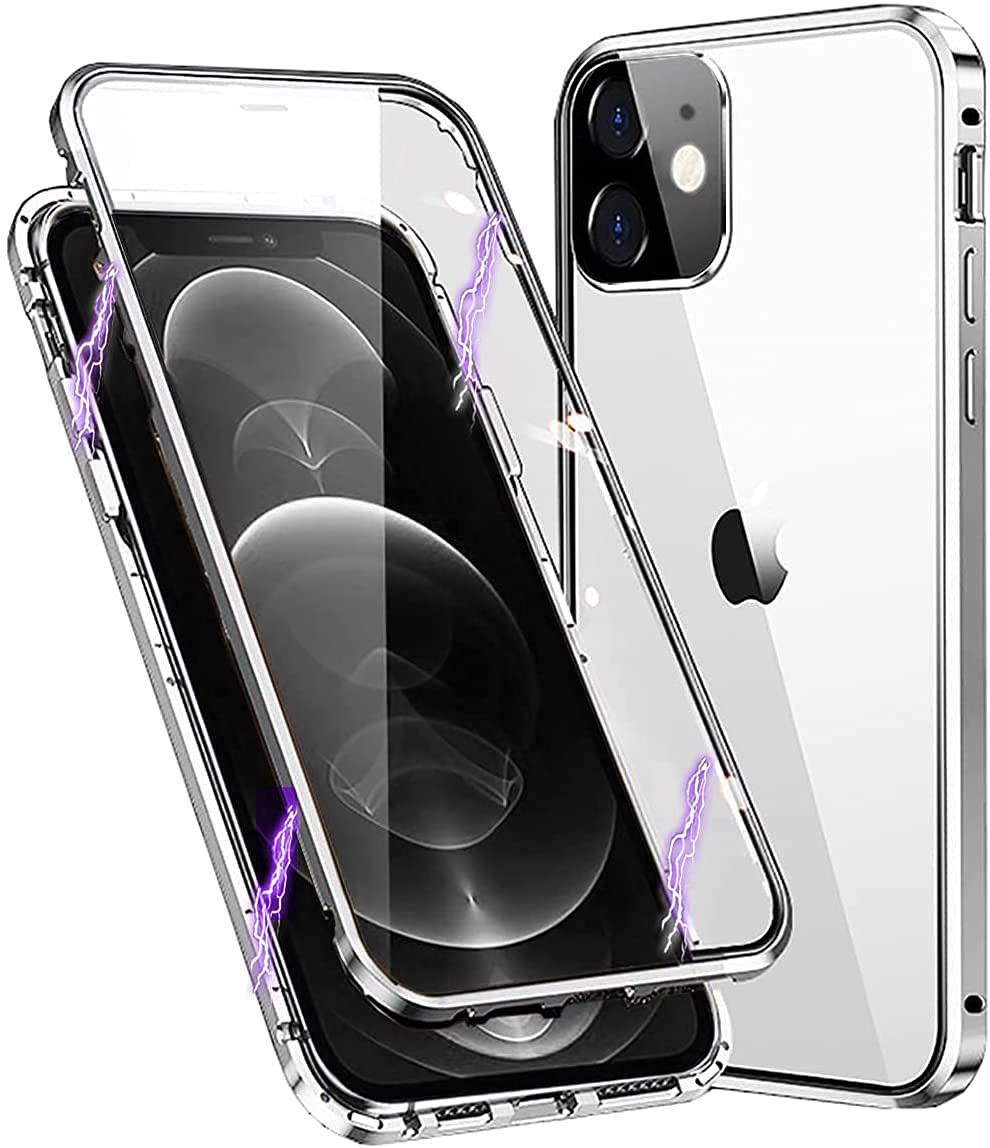 MIMGOAL Case for iPhone 11 Magnetic Cover 360 Degree Full Body Shockproof [Built-in Camera Lens Protector] Metal Bumper with Front and Back Clear Tempered Glass, Silver