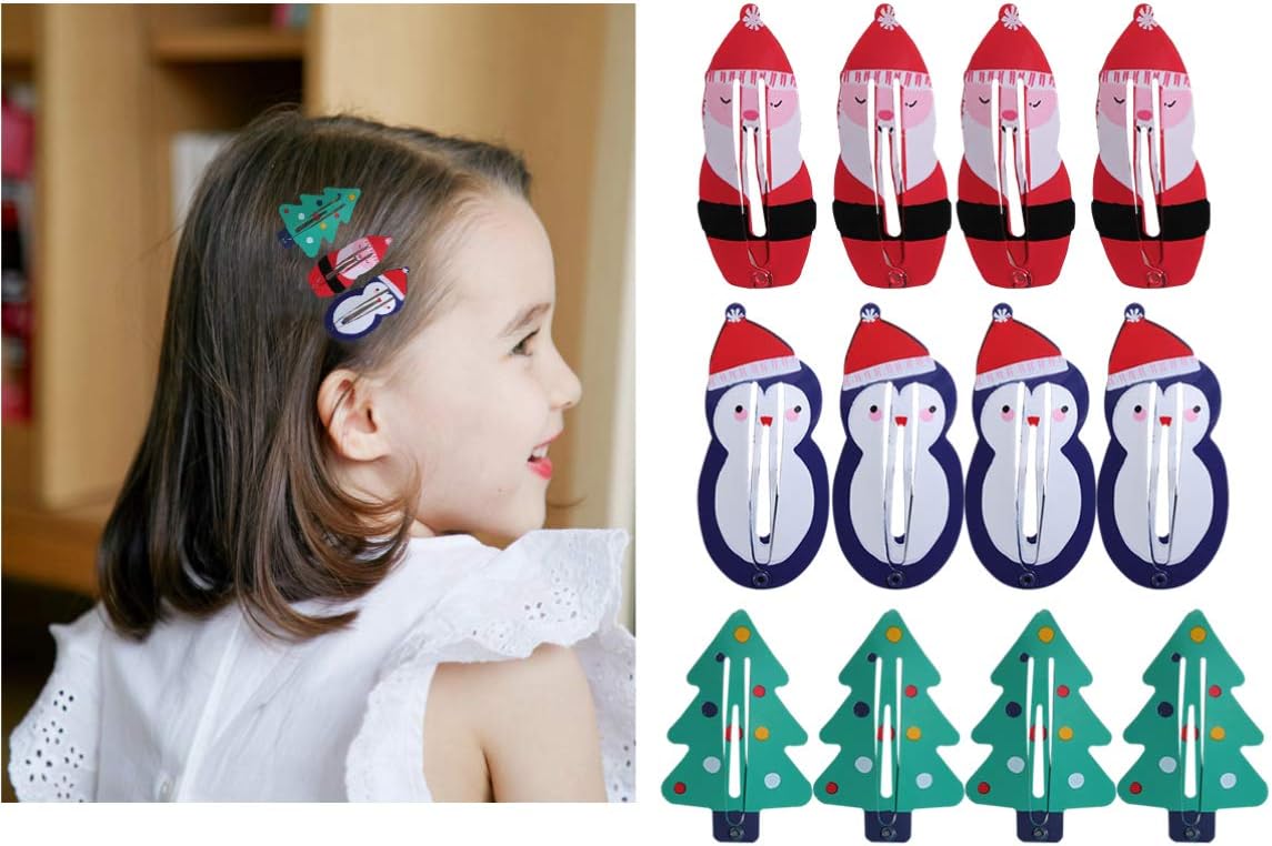 minkissy 12pcs Christmas Cartoon Hair Clips, Lovely Snap Barrettes Christmas Snap Hair Clips