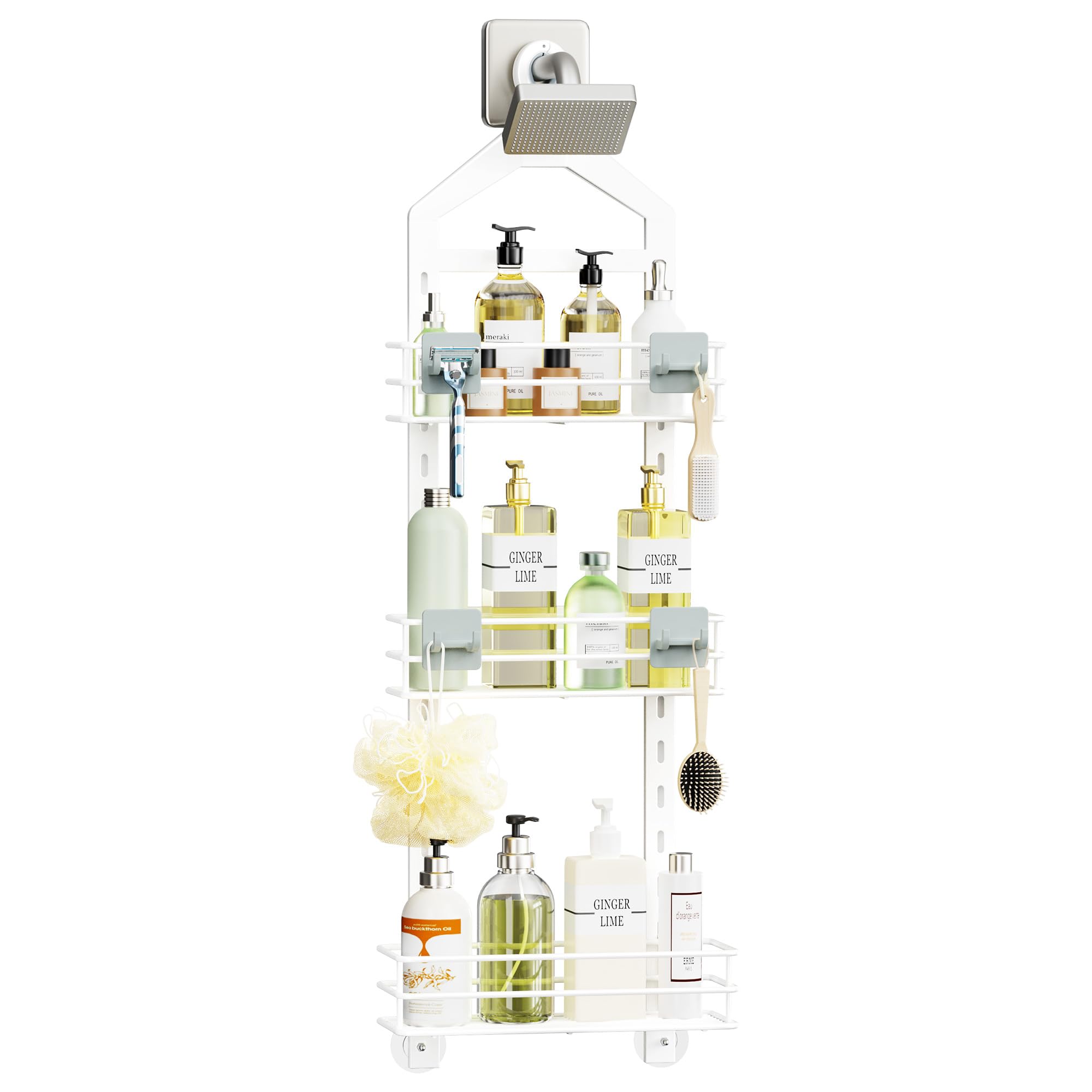 Photo 1 of Orimade Adjustable Anti-slip Shower Caddy Over Head, Rustproof Bathroom Hanging Organizer with 2 Hooks, No Drilling Shower Shelves Storage Rack 3 Tier, White