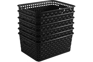 ZHENFAN Black Plastic Woven Storage Baskets, 6-Pack Weave Basket Organizer for Kitchen Office Bathroom