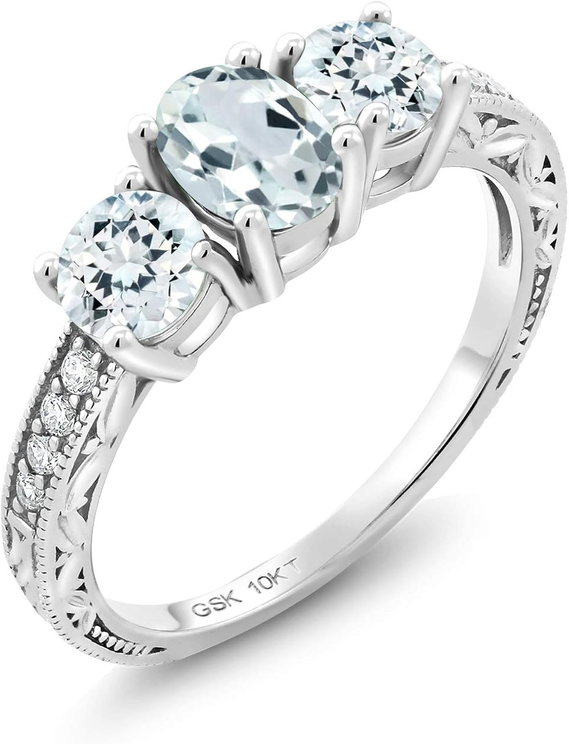 Gem Stone King 10K White Gold Sky Blue Aquamarine and Lab Grown Diamond 3 Stone Women's Engagement Ring (1.79 Cttw, Available in size 5, 6, 7, 8, 9) | Amazon.com