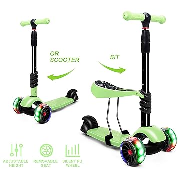 Magicwand Foldable 3-in-1 Sit & Stand Wide Platform Height Adjustable Kick & Push Scooter for Kids with Removable Seat (Green)