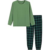 Latuza Women's Petite Pajama Set Crew Neck Knit Top Flannel Jogger Pants