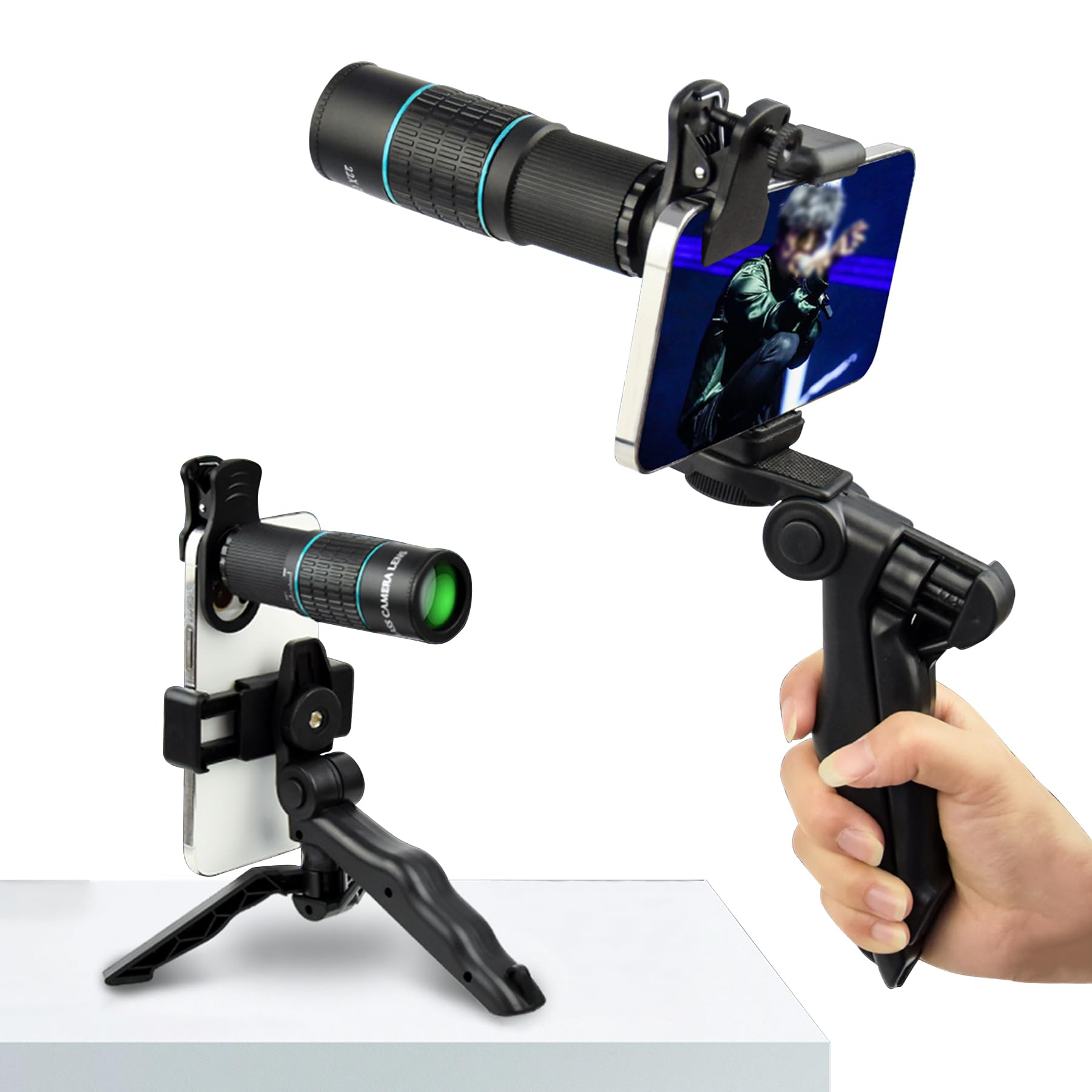 SGEBD 望遠レンズ セット 単眼鏡 望遠鏡 HD22倍望遠レンズ コンパクト 取り付けが簡単 スマートフォン用カメラレンズ 野球観戦/ライブ/コンサート/運動会/旅行iPhone/Android全機種に適用 日本語説明書が付属します (ブルー，手持ち固定) の商品画像