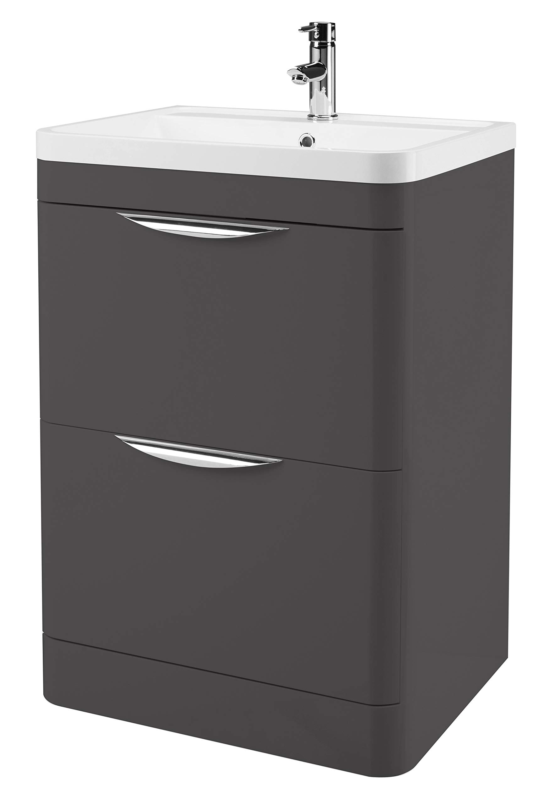 Nuie Modern Bathroom Floor Standing 2 Soft Close Drawers Vanity Unit with Polymarble Basin, Gloss Grey, 600mm