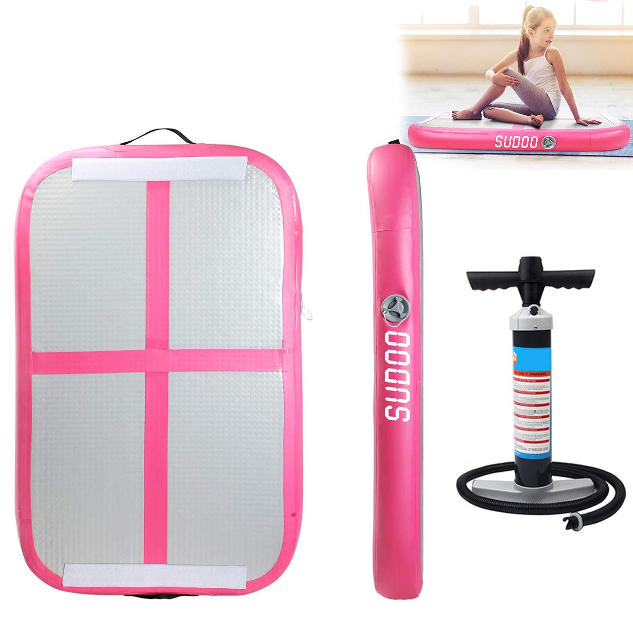 Triclicks 1M Inflatable Tumbling Mat Air Tumble with Pump Gymnastics Exercise Fitness Air Floor Yoga Mat for Home Use, Beach, Park, Inflatable Yoga Workout (Pink)