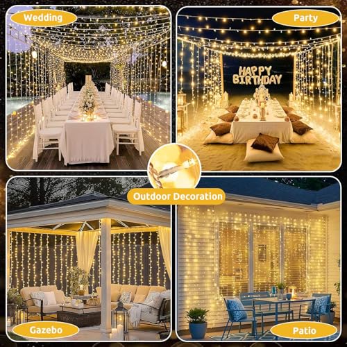 Joycome 2 x 6 x 3 m 600 LED String Light Curtain, Mains Powered, 8 Modes String Lights for Interior, Outdoor, Wall, Bedroom, Balcony, Wedding Decoration – Warm White