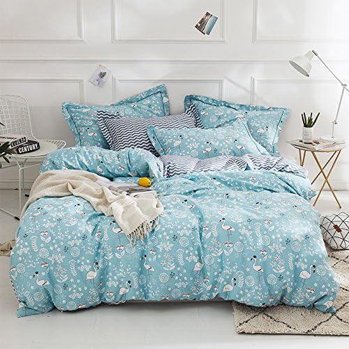 MKXI Flamingo Foral Bedding Duvet Cover Sets Cotton Twin Size Teens Kids Single Bed Comforter Cover Light Blue Reversible Striped Wave Print Quilt Cover with Zipper Closure