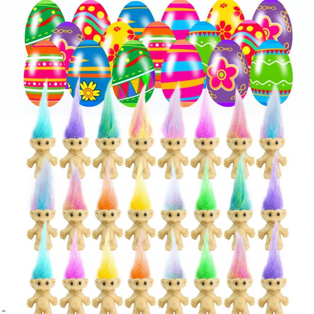 Holydeck 24 PCS Prefilled Easter Eggs with Mini Toys Inside Vintage Lucky Dolls Action Figures for Kids Boys Girls Easter Basket Stuffers Party Favors Easter Egg Fillers Hunt