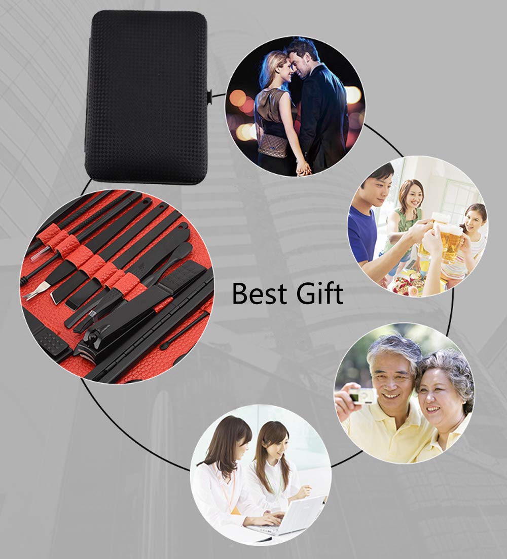 Manicure Set-18 in 1 Stainless Steel Nail Care Kit-Professional Pedicure Kit Nail Clipper Grooming Kit-Nail Scissors Set with Black Leather Travel Case, Best Gift for Man and Women (Black&Red 18 In 1) : Beauty