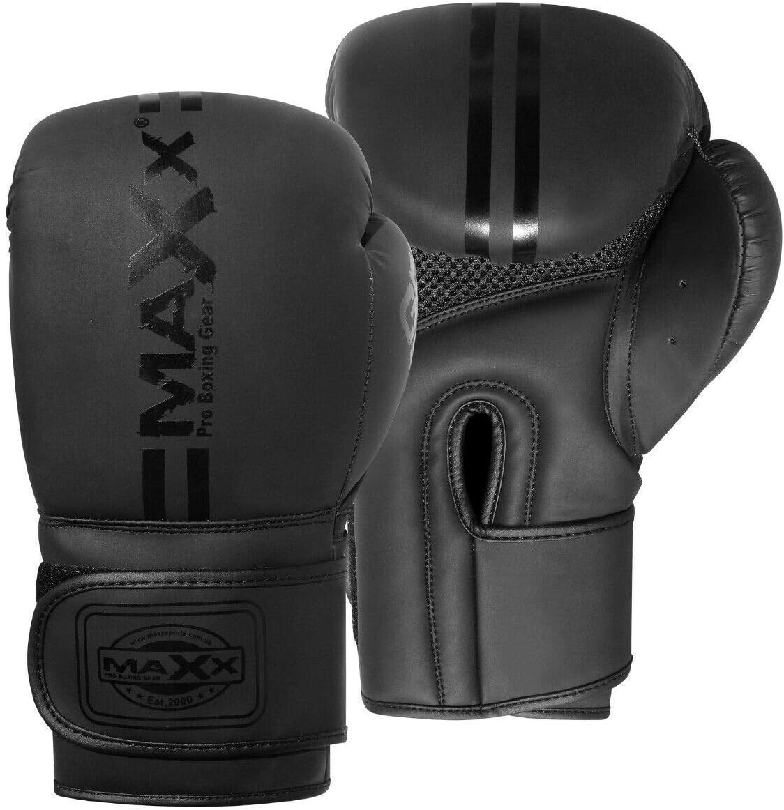 Maxx Jet Black GEL ICON range Leather Boxing Gloves MMA Training Fight Sparring Punching kickboxing