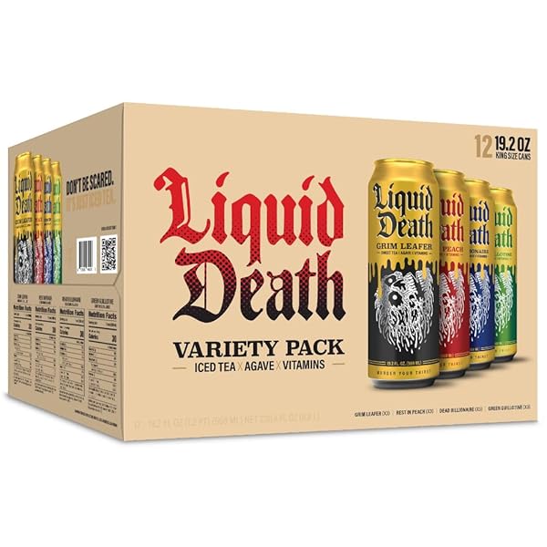 LIQUID DEATH ICED TEA VARIETY 12-PACK (19.2 OZ CANS) (GRIM LEAFER, REST IN PEACH, DEAD BILLIONAIRE, GREEN GUILLOTINE)