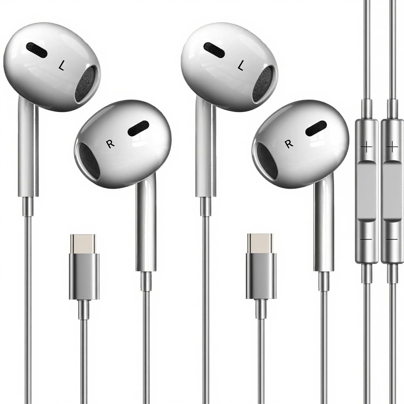 SKLNXAZ 2 Pack USB C Headphones for Type C Earbuds Wired Earbudswith Microphone & Remote Control Noise Cancelling Earphones.Compatible with Most USB C Interface Device.Silver