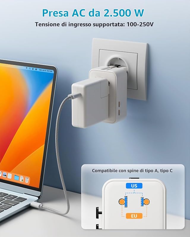 “Air” Adattatore Universale da Viaggio con 2 USB-C(PD 25W) ＆ 2 USB-A — foto 4 di 8