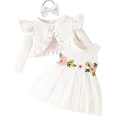 Baby Girl 3Pcs Dress Sets Embroidery Flower Tulle Dress and Ruffle Long Sleeve Cardigan with Headband Birthday Party Dress