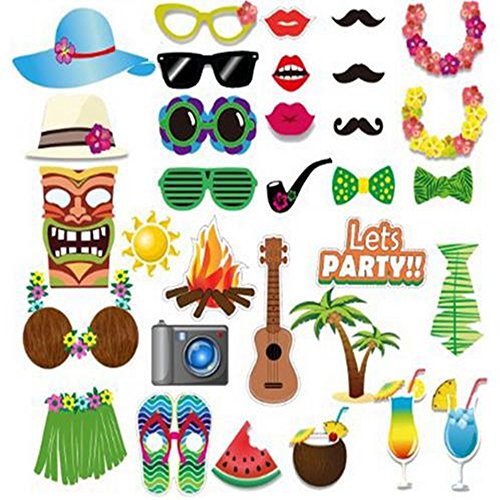 Koolemon 32pcs Funny Photo Booth Props Summer Hen Photo Booth Props Hawaii Carnival Party Decoration Photobooth