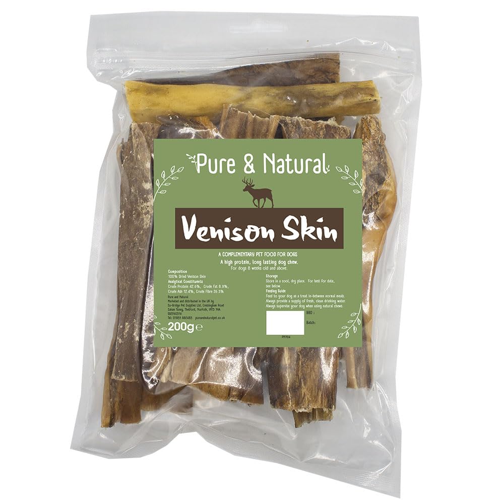Pure & Natural Deer Skin Dog Chews - Dried Venison Treats and Hide Chews for Dogs, Hypoallergenic, Natural Dog Treats Long Lasting - 200g Bag