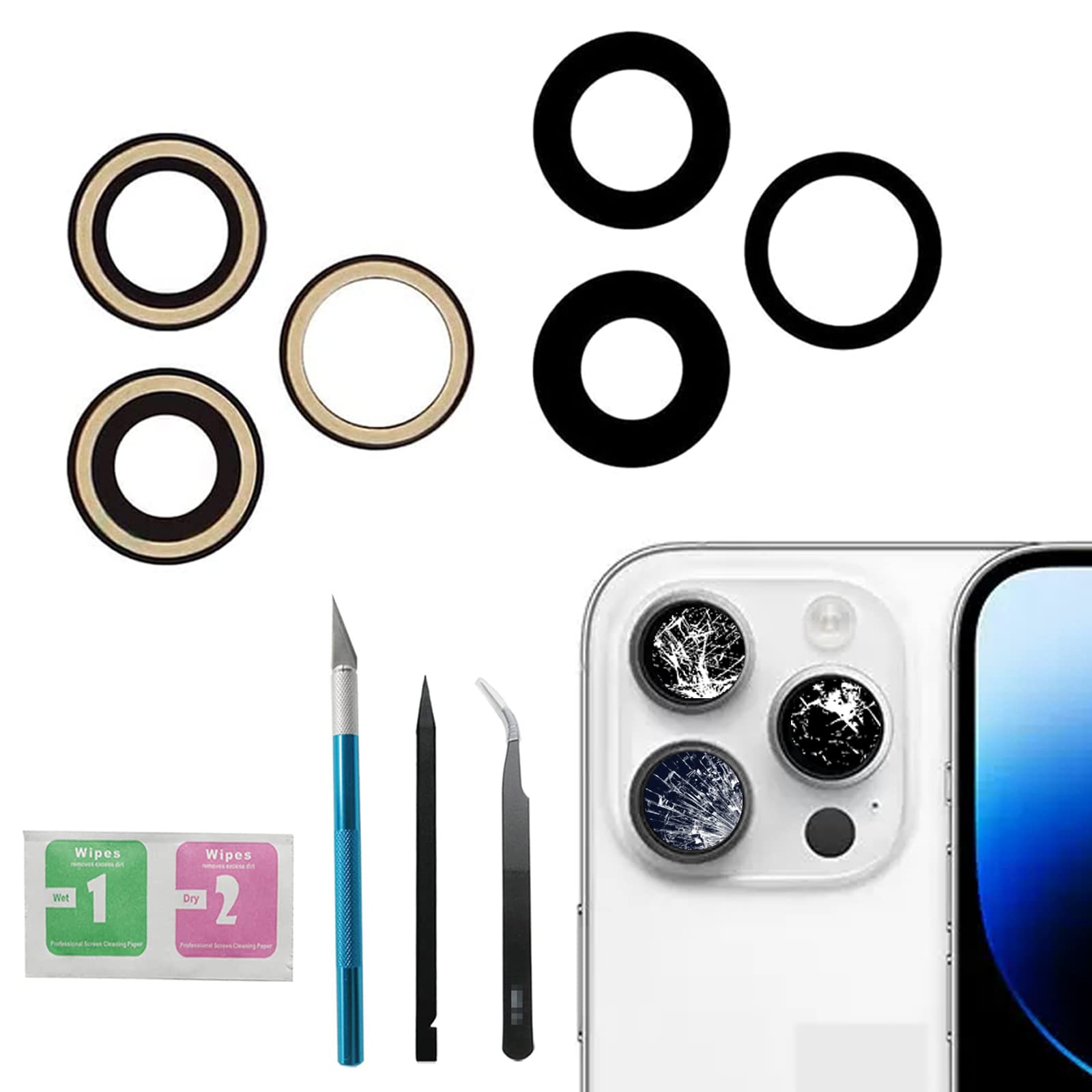 Photo 1 of 14 Pro/14 Pro Max Back Rear Camera Lens Glass Replacement for iPhone 14 Pro for iPhone 14 Pro Max Camera Glass Replacement with pre-Installed Adhesive and Reparing Toolkits