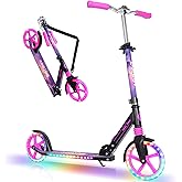 BELEEV V5 Plus Scooters for Kids Ages 6+, Teens with Light-Up Wheels & Deck, 2 Wheel Folding Lightweight Sport Scooter with 4 Adjustable Height, 8-inch Big Wheels, Carry Strap, Max Load 220 lbs
