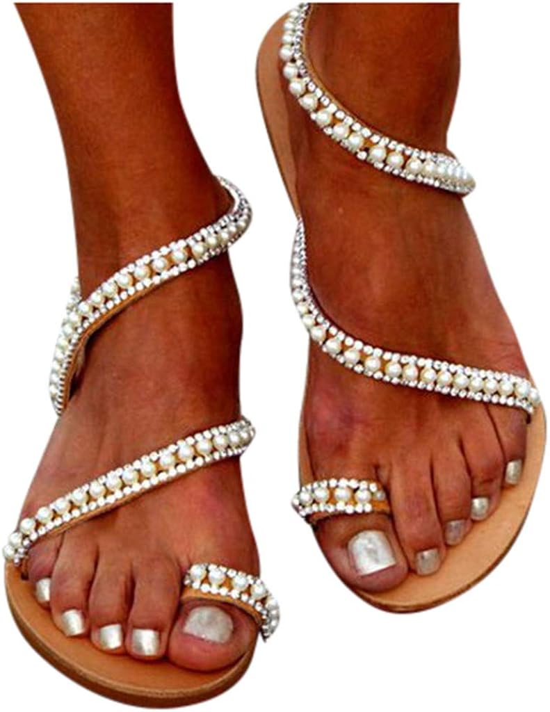 Amazon.com: Womens Rhinestone Flat Sandals Crystal Flip Flops Jeweled Beach Sandals Boho Shoes 