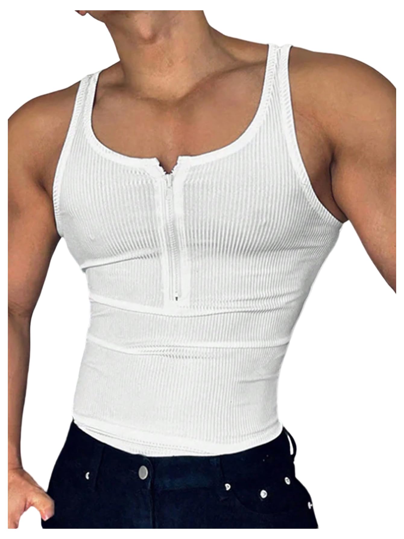 Photo 1 of RoseSeek Men's Half Zip Ribbed Knit Sleeveless Tank Tops Scoop Neck Slim Fit Summer Gym Tank Undershirts White X-Small