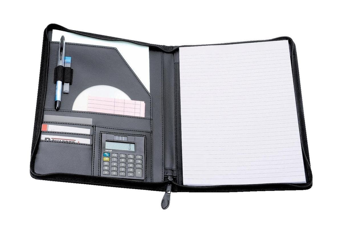 5 Star Elite Writing Case Zipped with Pad and Calculator A4 Leather Look Black