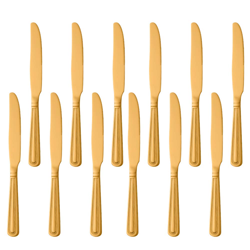 Buyer Star 12 Piece dinner Knives, Gold Stainless Steel Sharp Knife Set for Home Kitchen and Restaurant
