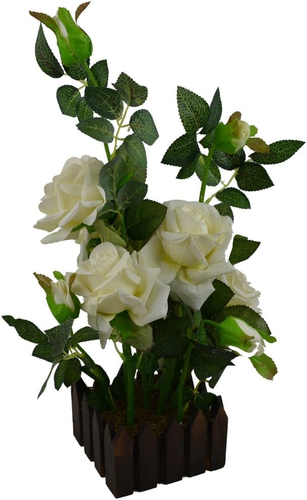 Fancy Mart Plastic & PVC Artificial Rose Flower Plant with Wooden Pot - 5 Flower & 5 Buds Head (Standard, Multicolor)