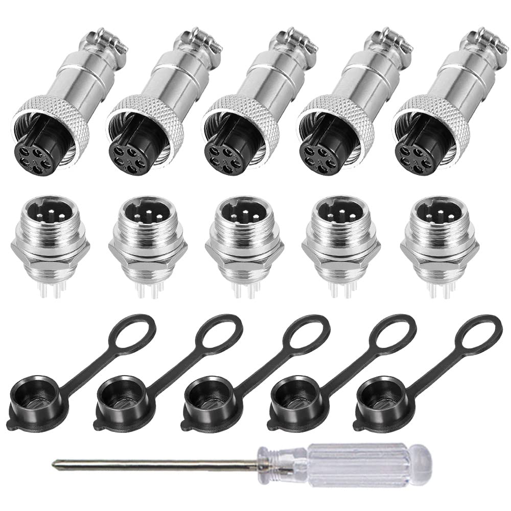 Aiqeer 5 Pcs 5-Pin GX12 Aviation Connector, 12 mm Thread Panel Metal Aviation Cable Connector, 5A Male Female Aviation Connector Plug Socket Kit, with Rubber Cap and Phillips Screwdriver